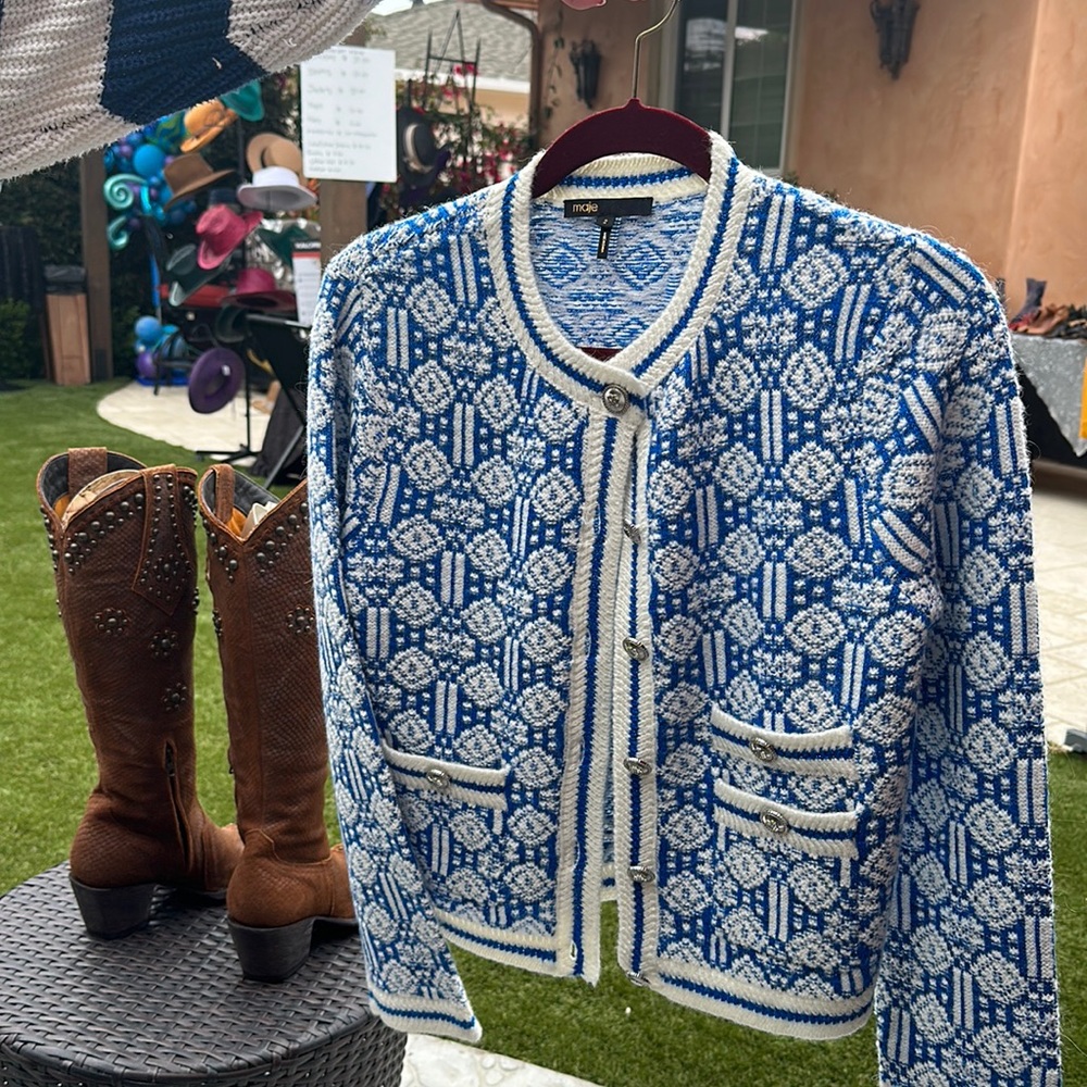 Maje Blue and white knitted jacket with silver bitters